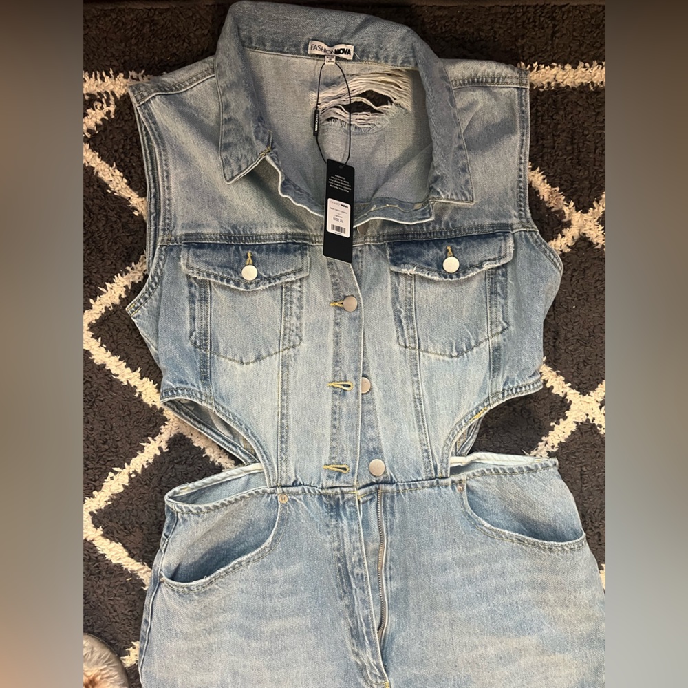 Fashion Nova Light Wash Cutout Denim Jumpsuit - Picture 7 of 10